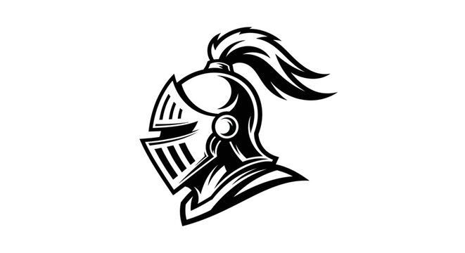 Detailed black and white knight helmet with plume logo.