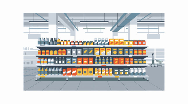 Large supermarket shelf with various products.