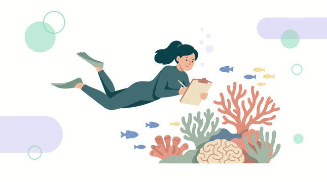 Female Marine Biologist Taking Notes Near Coral Reef Underwater