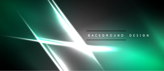 Naklejka premium Dark background features vibrant green, silver lines. Modern abstract design creates dynamic visual effect. Simple, sleek presentation.