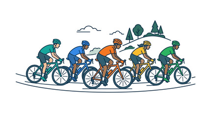 Obraz premium A group of five professional cyclists riding their road bikes in a race.