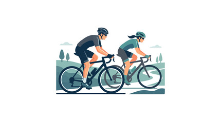 Naklejka premium Two cyclists riding road bikes together in a professional athletic training session.