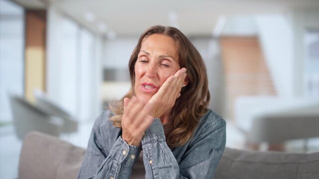Woman Feeling Jaw Pain At Home, Holding Cheek