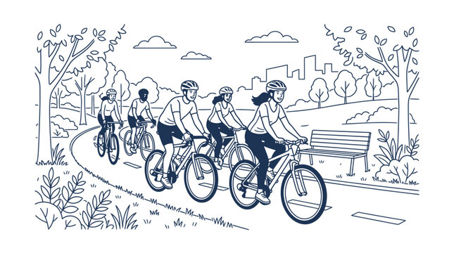 A group of four cyclists riding bicycles along a paved path in a park.