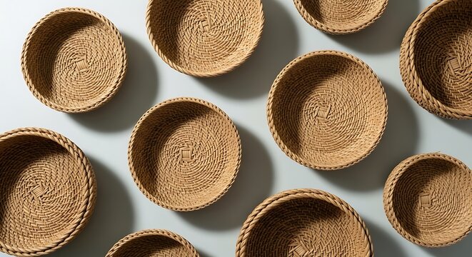 Many small empty round brown woven baskets arranged in a pattern on a flat surface. n handmade reed pot