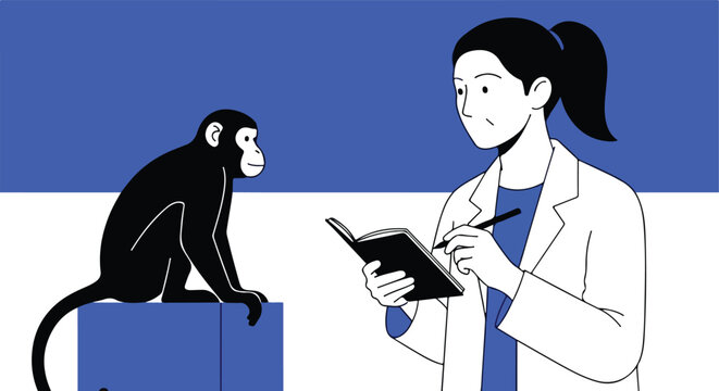 Scientist observing a monkey and taking notes