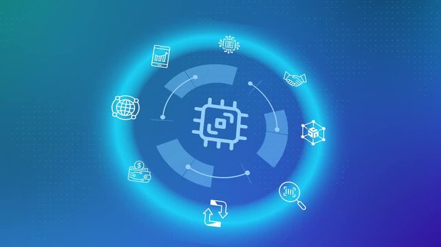 Microchip icon on a futuristic blue digital interface representing hardware technology, semiconductor processing, and CPU manufacturing.