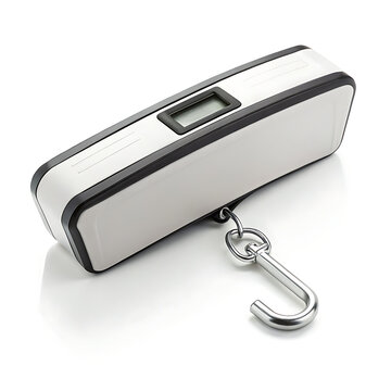 portable digital luggage scale with metal hook on white background