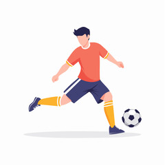 Obraz premium サッカー選手がボールを蹴るアクションポーズのカラフルなフラットベクターイラスト