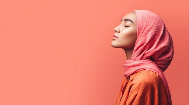 Profile of a woman wearing a pink hijab with her eyes closed against a coral background.