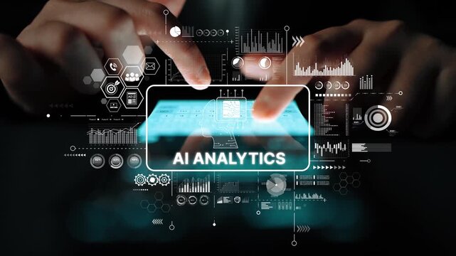 Digital Interface Featuring AI Analytics with Hands Interacting and Graphical Elements in a Modern Data Visualization Context. Asymptotic smart data analytic.