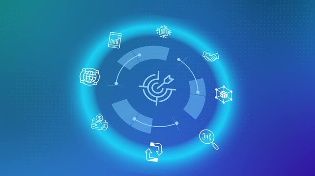 Modern tech HUD background displaying target marketing objective icon for business success and strategic goals.