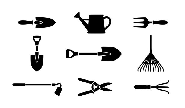 Minimal vector set of black gardening tool silhouettes isolated on white background in flat design style