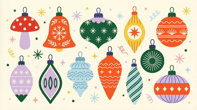 Retro Christmas ornaments vector set, vintage holiday baubles with mid-century patterns, colorful festive hanging decorations for winter greeting cards