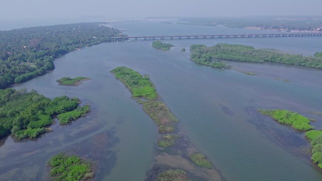 Aerial view of Sharavati coastal river near Honnavar surrounded by lush vegetated islands