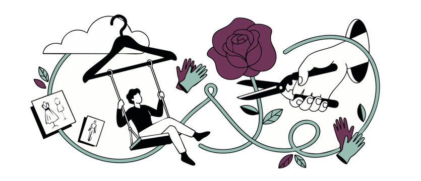 Fashion design vector illustration concept of a man swinging on clothing hanger, hand pruning purple rose vine with shears, creative tailoring, gardening hobby, and sketch details on white background.