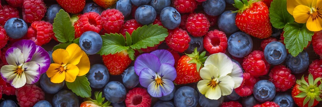 Colorful Mixed Berries With Edible Flowers Background Texture