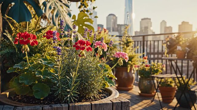 Urban balcony garden with lush potted plants including Monstera, geraniums, and lavender overlooking the New York City skyline at sunset with One World Trade Center in the background.