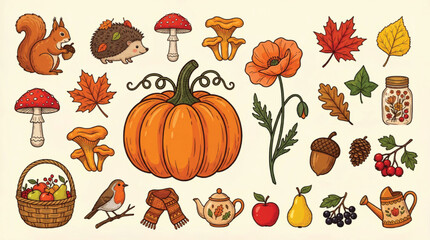 Autumn harvest vector illustration set, cozy fall nature elements with pumpkin and forest animals, rustic seasonal clip art collection for thanksgiving © Muhammad