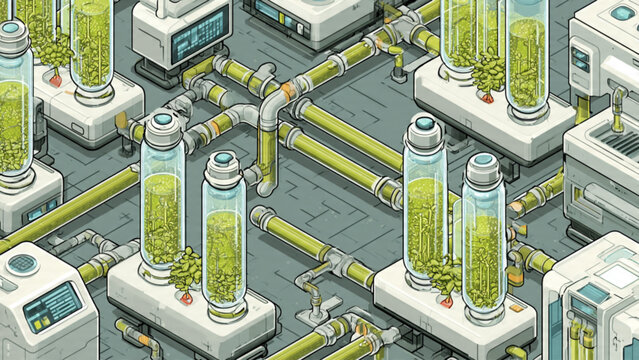 Futuristic laboratory with glass tubes filled with green substances connected by yellow pipes and high-tech equipment