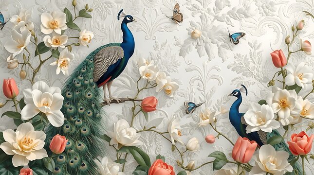 3D Wallpaper Majestic Peacocks Among White Orchids, Floral Background Texture