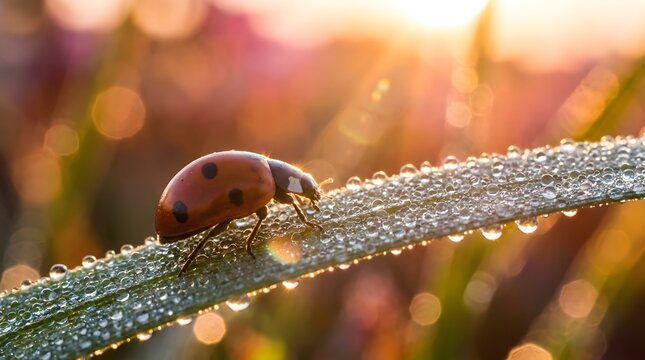 A small ladybug walking on a green blade of grass covered in morning dew drops during sunrise.