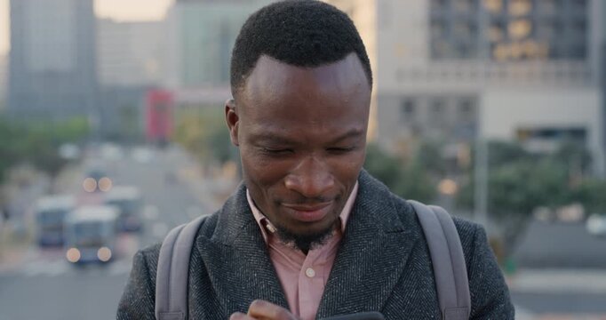 Phone, teacher and black man in city, reading or check post for education curriculum on internet. Mobile, commute and happy person outdoor with academic app, development review and scroll schedule