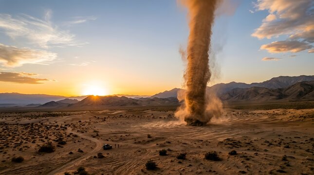 Powerful dust devil tornado swirling in desert landscape during sunset.