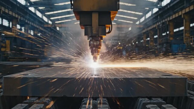 Industrial laser cutting machine cutting a thick metal plate with bright sparks in a manufacturing factory setting.