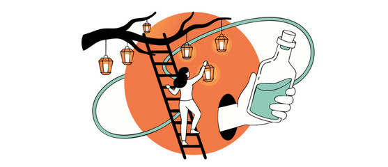 Vector illustration woman climbing ladder to hang lanterns on a tree branch while giant hand holds a bottle of potion, surreal fantasy line art design representing dreams, ideas, and creative thought. © Dinali