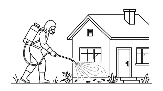 Pest control worker spraying house foundation.