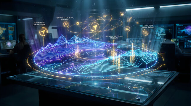 Futuristic holographic digital terrain map with data visualization and communication nodes in blue light