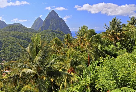 Tropical landscape with the two Pitons, Gros Piton 770m and Petit Piton 743m, Soufriere, St. Lucia, Lesser Antilles, West Indies, Caribbean Islands