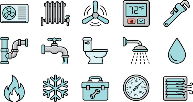 Plumbing and HVAC icons set representing heating cooling and water systems ideal for service apps and technical illustrations