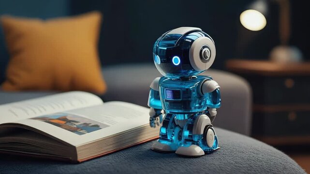 humanoid robot teacher reading book in library. 