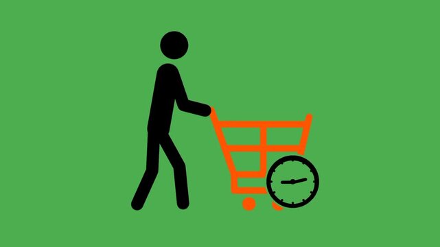 Shopping time concept featuring person icon holding cart and circular clock symbol. Visual representation of purchasing activity, scheduling, and consumer behavior.