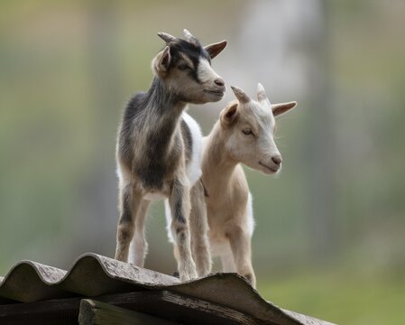 Dwarf goats (Capra) standing on a corrugated roof of a hut, Lower Saxony, Germany