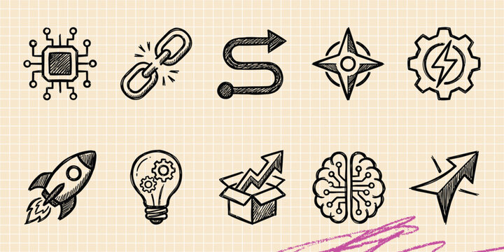 Black ink scribble doodle vector vintage hand drawn set of science laboratory biology microscope and chemistry discovery