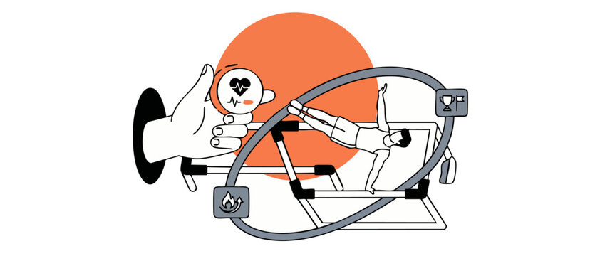 Fitness tracking athlete gymnastics illustration monitoring workout performance on parallel bars for health metrics, heart rate, active lifestyle goals, concept vector graphic design.