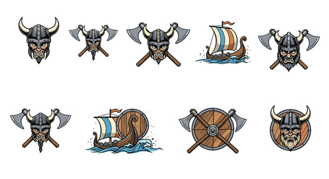 Collection of viking-themed logos and emblems featuring warriors in horned helmets, crossed battle axes, shields, and longships on ocean waves.