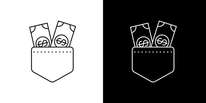 Pocket money line icon featuring dollar bills in black and white styles