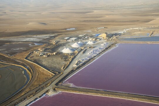 Aerial view, salt saline on the edge of the Namib desert, Walvis Bay, Namibia