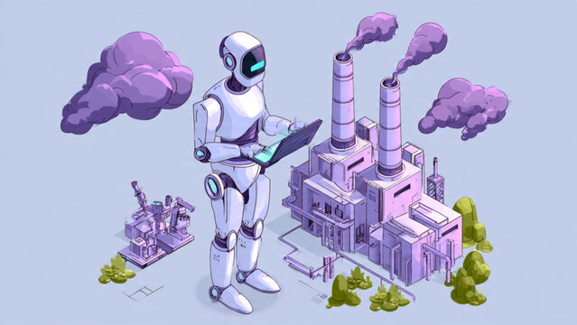 Futuristic robot analyzing environmentally friendly factory with green trees and purple clouds
