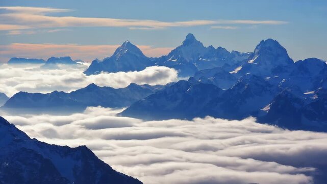 Scenic view of snow-covered mountain peaks rising above a sea of clouds at sunrise