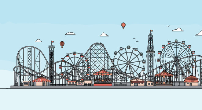 Extensive amusement park skyline featuring roller coasters, Ferris wheels, and various rides against a clear blue sky.