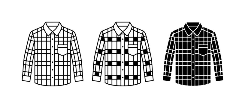 Plaid Shirt Icons, Flannel Garment Vector Set, Casual Button-Up Clothing Graphics
