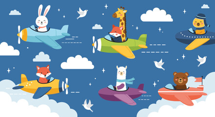 Naklejka premium Whimsical scene of various animals flying small colorful airplanes among white clouds in a starry blue night sky.