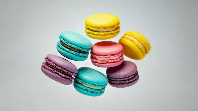Bright and colorful macaroon cookies levitating in air on gray background