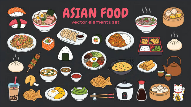 Asian food vector elements set, hand drawn Japanese and Chinese cuisine illustrations, colorful doodle sushi ramen and dim sum icons on dark background