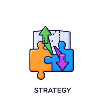 Business strategy icon with puzzle pieces arrows and map